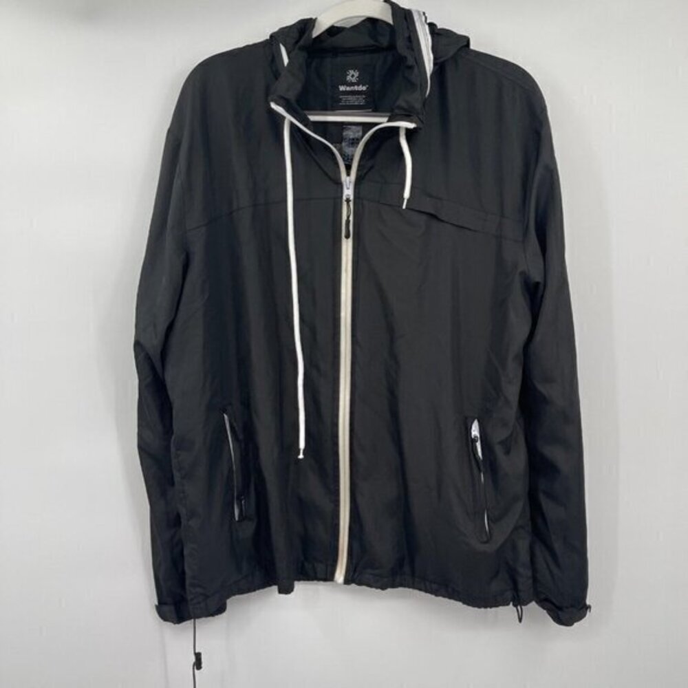 Wantdo Mens Jacket Large Black Windbreaker Casual Hooded Long Sleeves Preppy